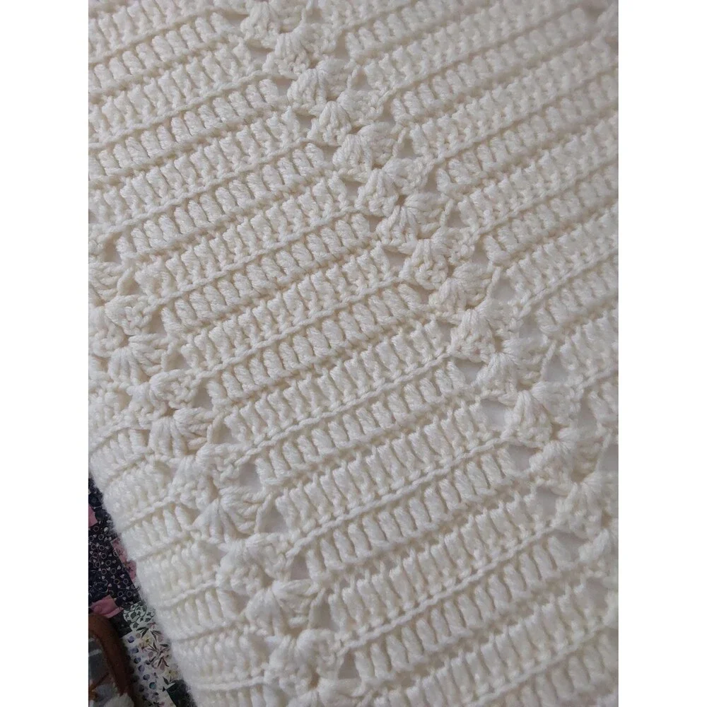 Vintage Hand Crocheted Afghan: Large Beige Throw, Full Size Coverlet